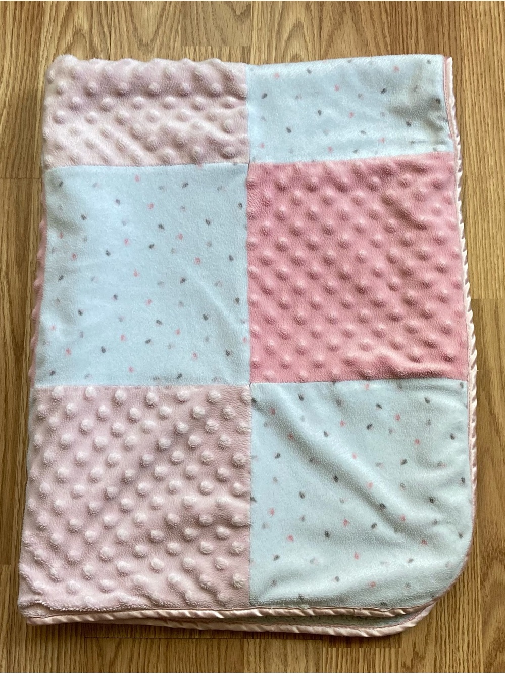 Just Born Baby Blanket Pink White Patchwork Minky Sherpa Satin Trim 30 x 39